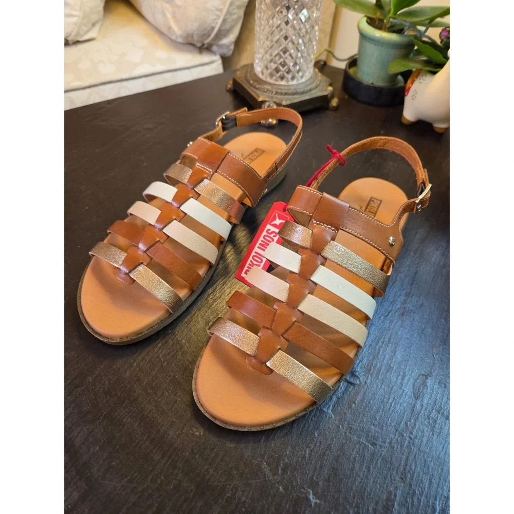 Pikolinos Formentera Leather Strappy Flat Sandals Brandy Size 40/9-9.5 NEW! $160